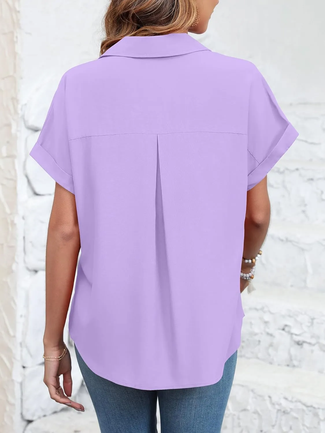 Womens Button Down Shirt Casual Short Sleeve Collared Work Blouse with Pocket