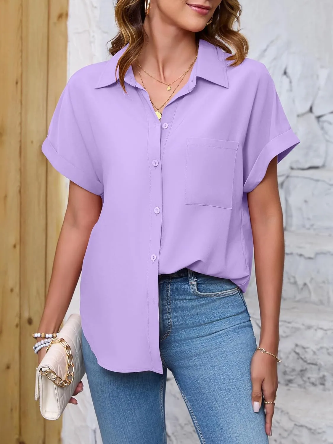 Womens Button Down Shirt Casual Short Sleeve Collared Work Blouse with Pocket
