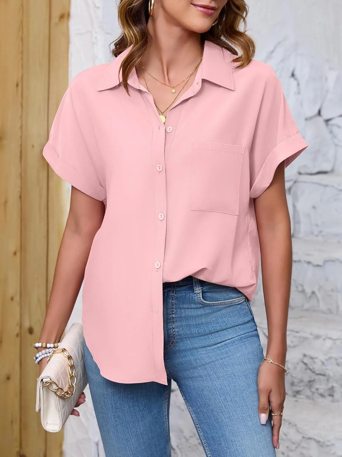 Womens Button Down Shirt Casual Short Sleeve Collared Work Blouse with Pocket