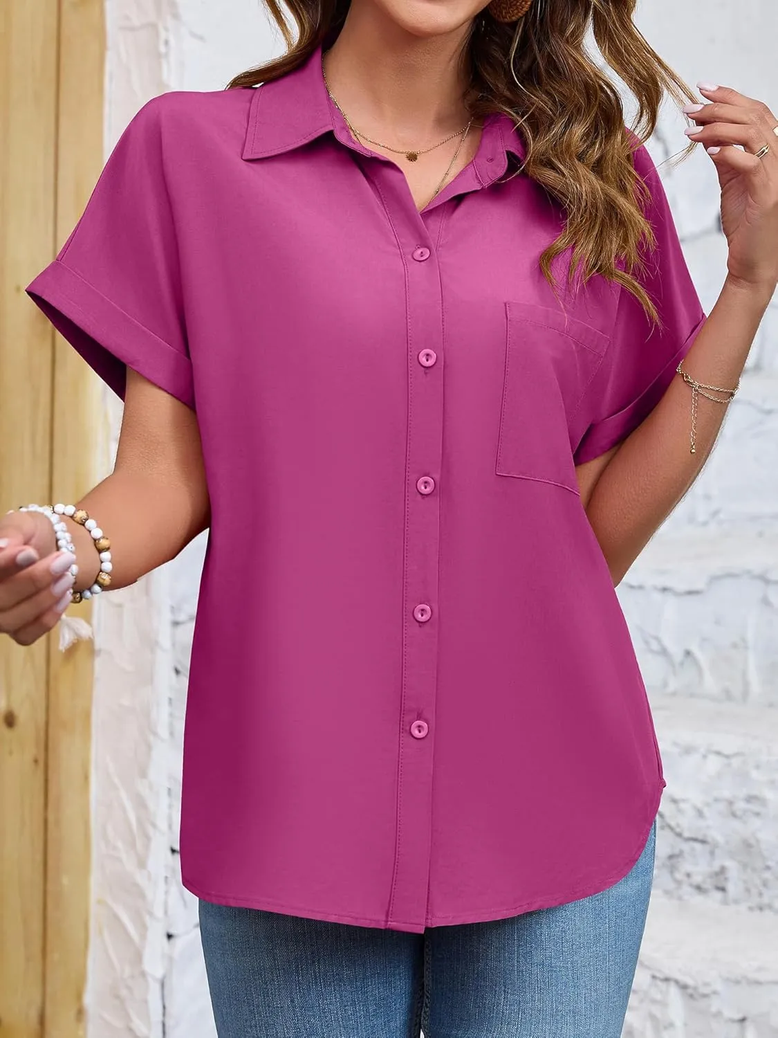 Womens Button Down Shirt Casual Short Sleeve Collared Work Blouse with Pocket