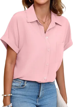 Womens Button Down Shirt Casual Short Sleeve Collared Work Blouse with Pocket