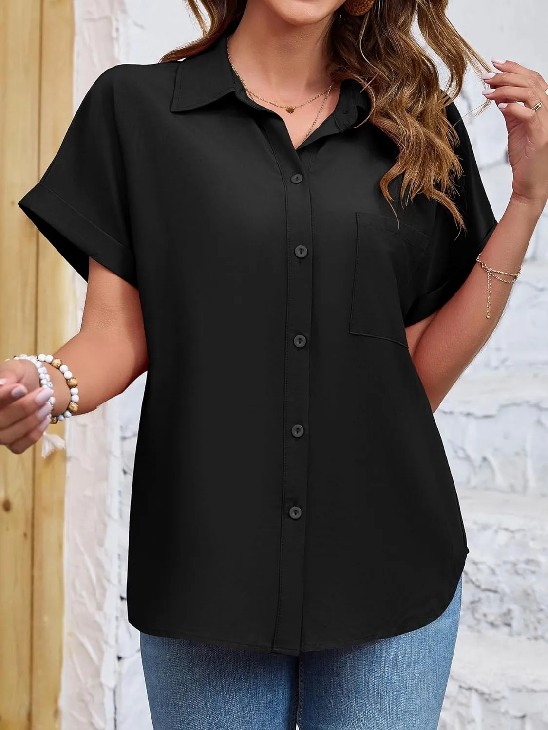 Womens Button Down Shirt Casual Short Sleeve Collared Work Blouse with Pocket