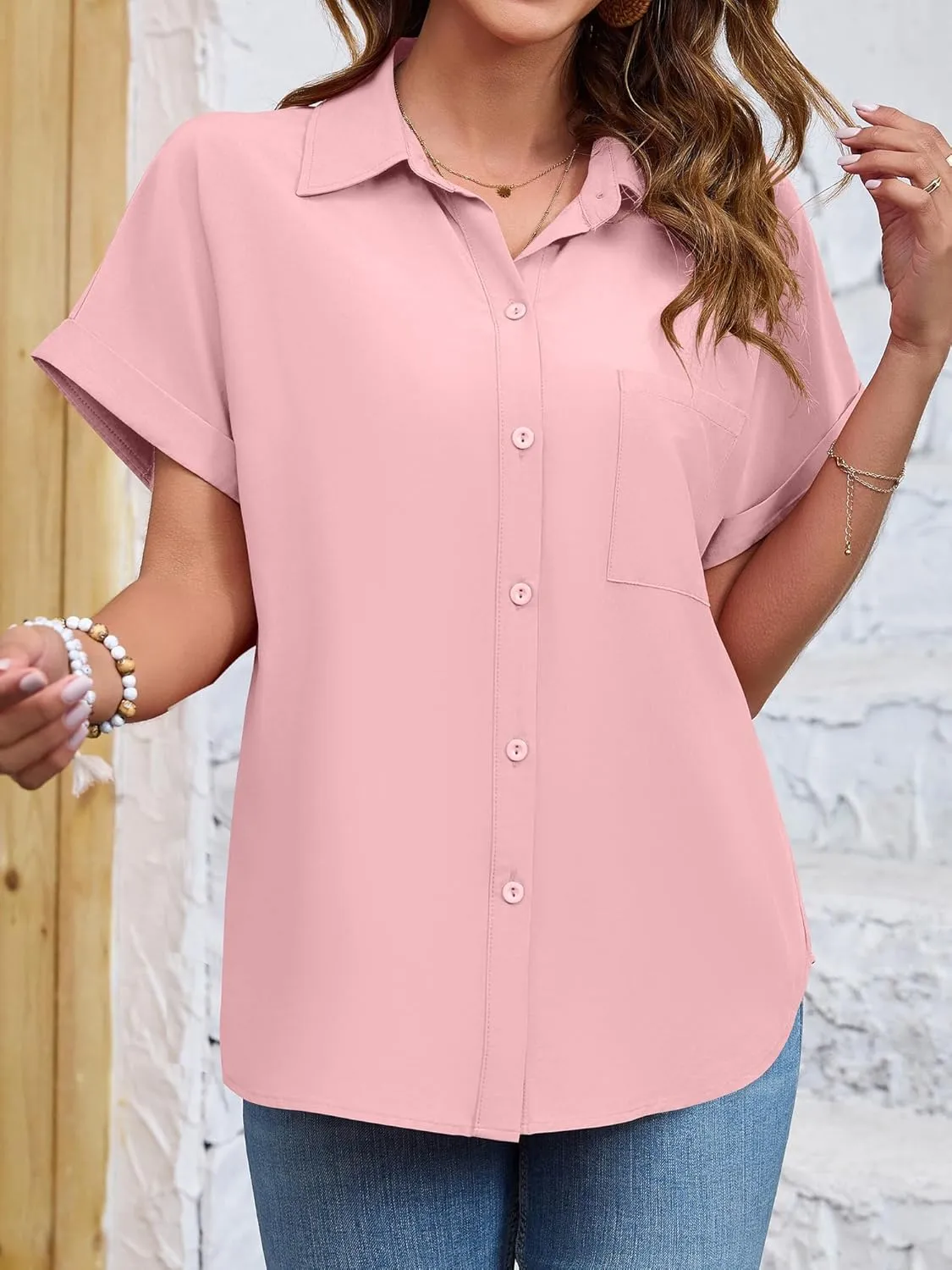 Womens Button Down Shirt Casual Short Sleeve Collared Work Blouse with Pocket