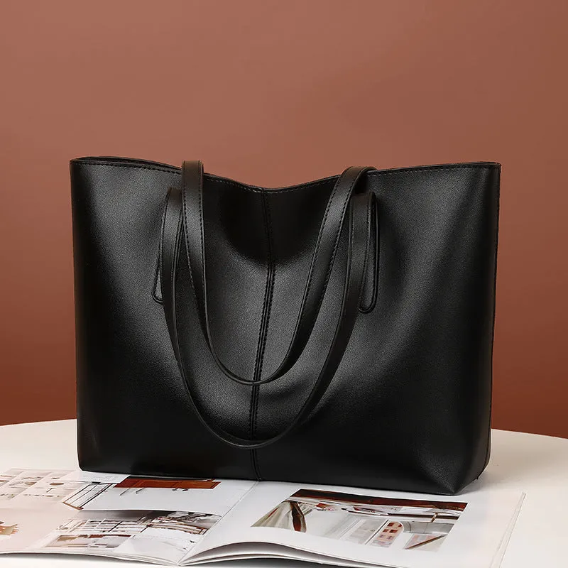 Women's Capacity Soft Leather Textured Simple Shoulder Bags