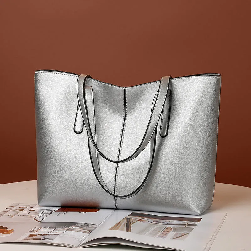 Women's Capacity Soft Leather Textured Simple Shoulder Bags