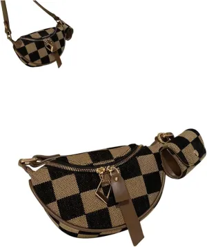Women'S Checked Pattern Fanny Pack With Headphone Bag,Sling Shoulder Bag Two-Way Zipper Closure Chest Bag,Cute Crossbody