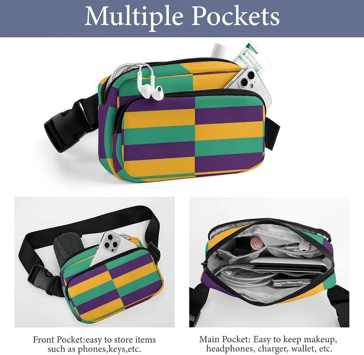 Women's Fashion Pack, Unisex Mini Belt Bag With Adjustable Strap For Running Hiking Workout Traveling Compatible with Mardi Gras