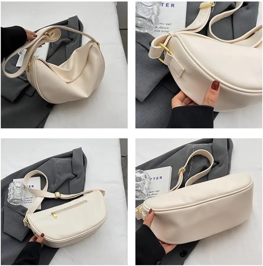Women's Handbag, Soft Leather Dumpling Bag, Versatile One Shoulder Crossbody Small Bag(Rice White)