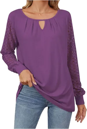 Womens Lace Long Sleeve Shirt Simple Solid Color Tops Shirts Crewneck Casual Loose Fall Fashion Blouse