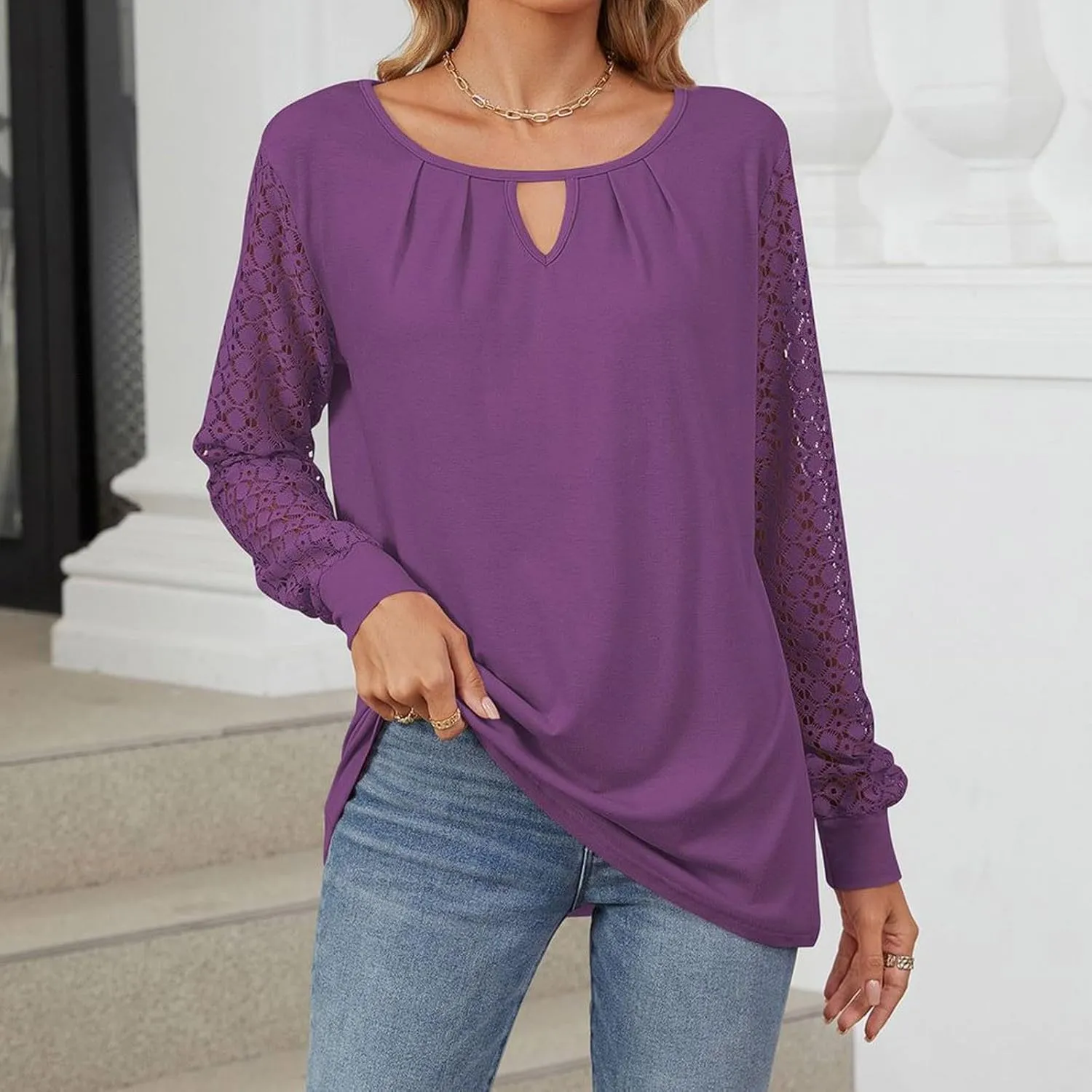 Womens Lace Long Sleeve Shirt Simple Solid Color Tops Shirts Crewneck Casual Loose Fall Fashion Blouse