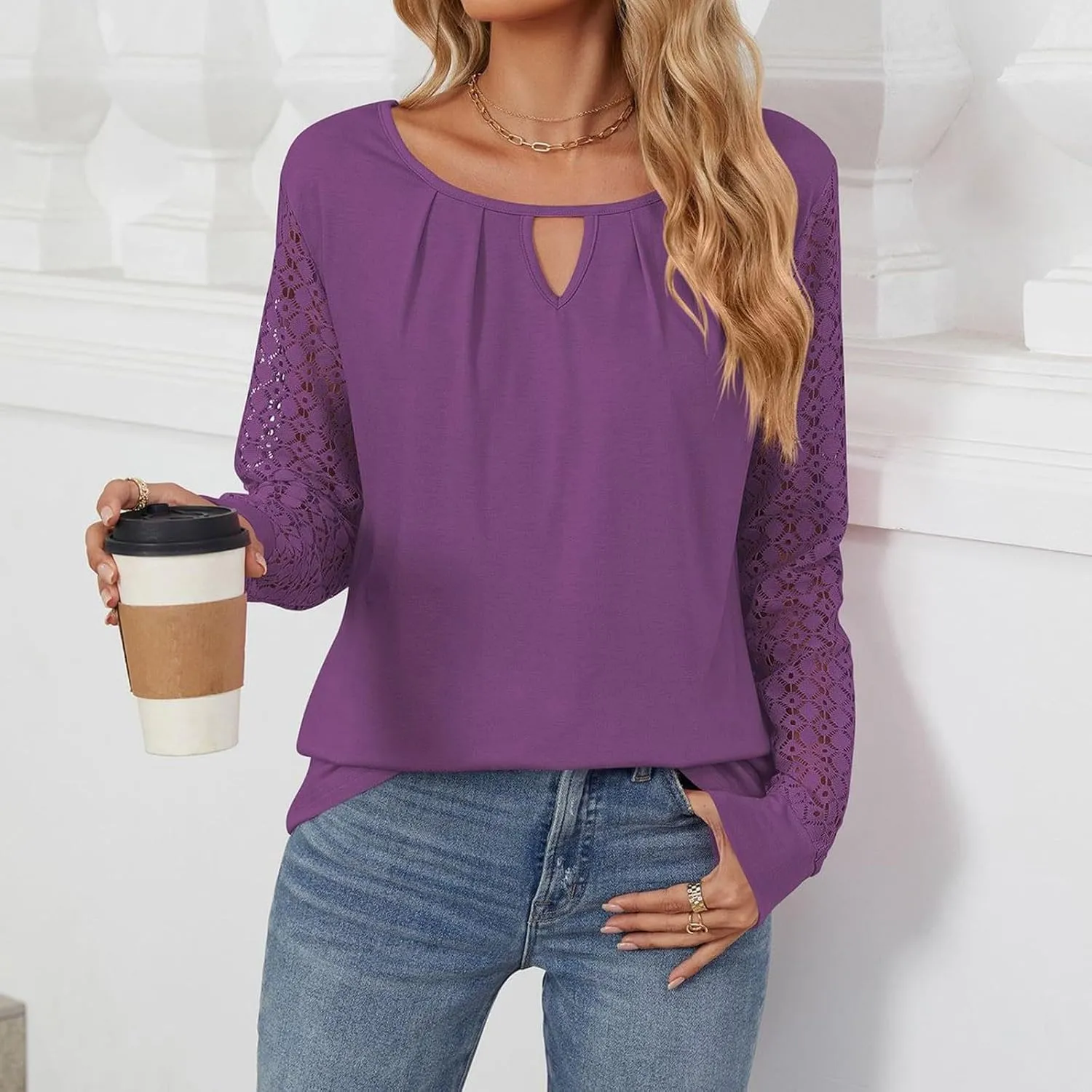 Womens Lace Long Sleeve Shirt Simple Solid Color Tops Shirts Crewneck Casual Loose Fall Fashion Blouse
