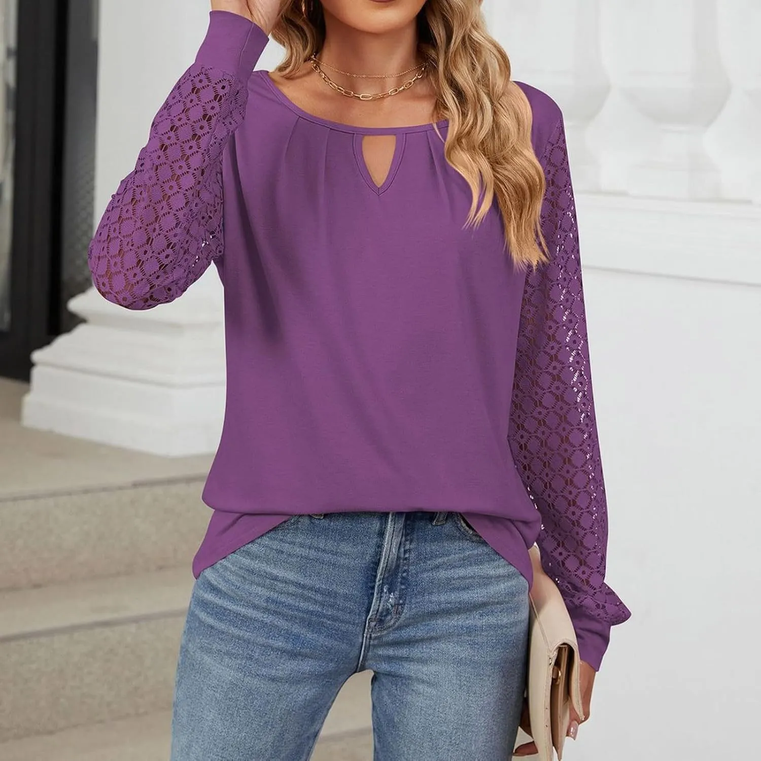 Womens Lace Long Sleeve Shirt Simple Solid Color Tops Shirts Crewneck Casual Loose Fall Fashion Blouse