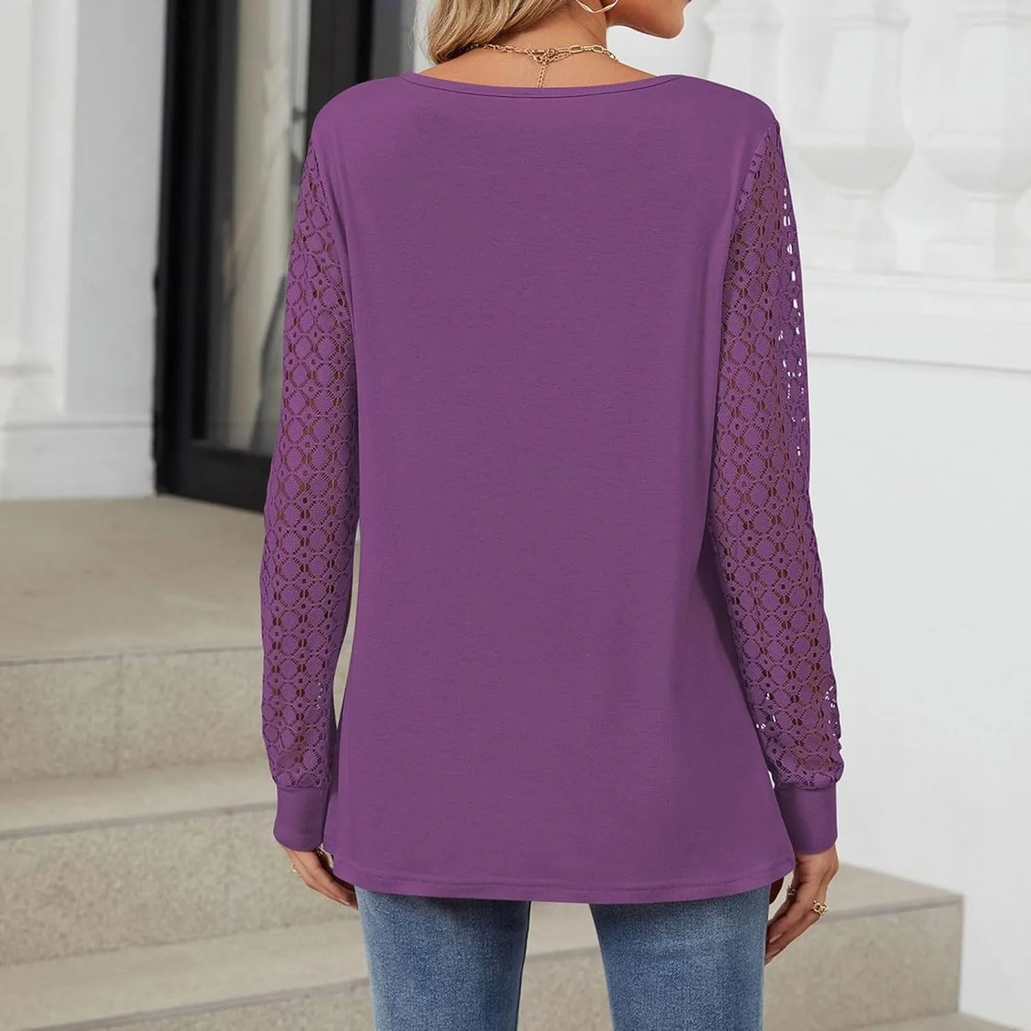 Womens Lace Long Sleeve Shirt Simple Solid Color Tops Shirts Crewneck Casual Loose Fall Fashion Blouse