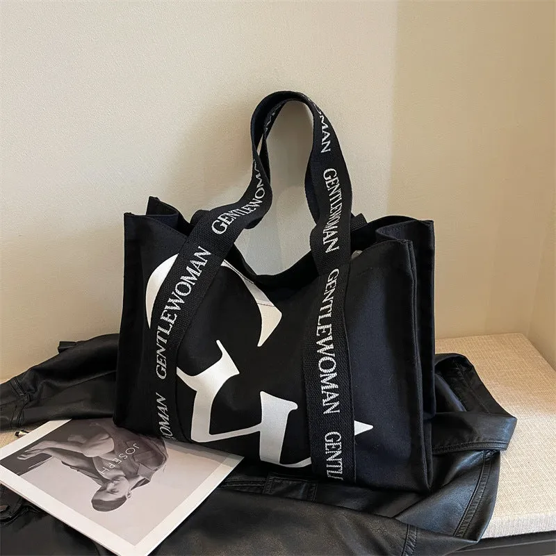 Women's Large Capacity Canvas Simple Letters Class Shoulder Bags