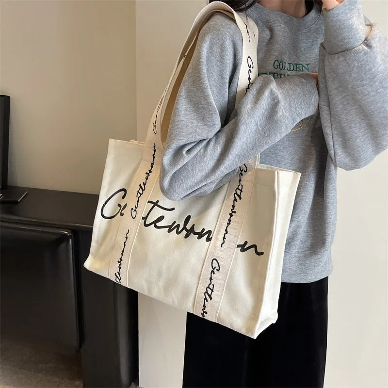 Women's Large Capacity Canvas Simple Letters Class Shoulder Bags