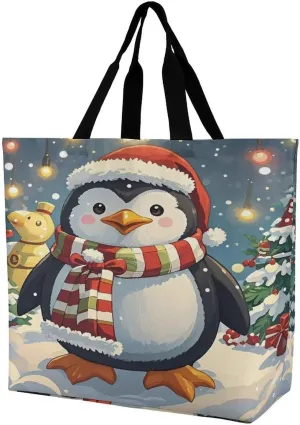 Women's Large-capacity Shoulder Shopping Bag Reusable Foldable Shopping Bags Christmas Funny Penguin Beach Bag