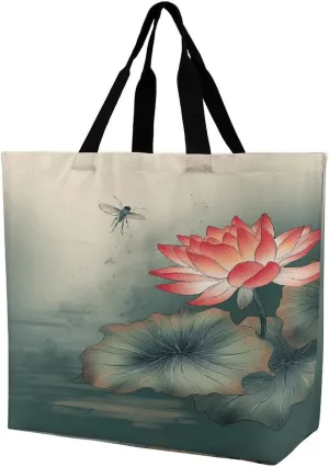 Women's Large-capacity Shoulder Shopping Bag Reusable Foldable Shopping Bags Flower And Dragonfly Beach Bag