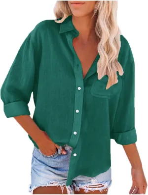 Womens Long Sleeve Button Down Linen Shirts Dressy Causal Plus Size Fall Blouses Loose V Neck Office Work Tunic Tops
