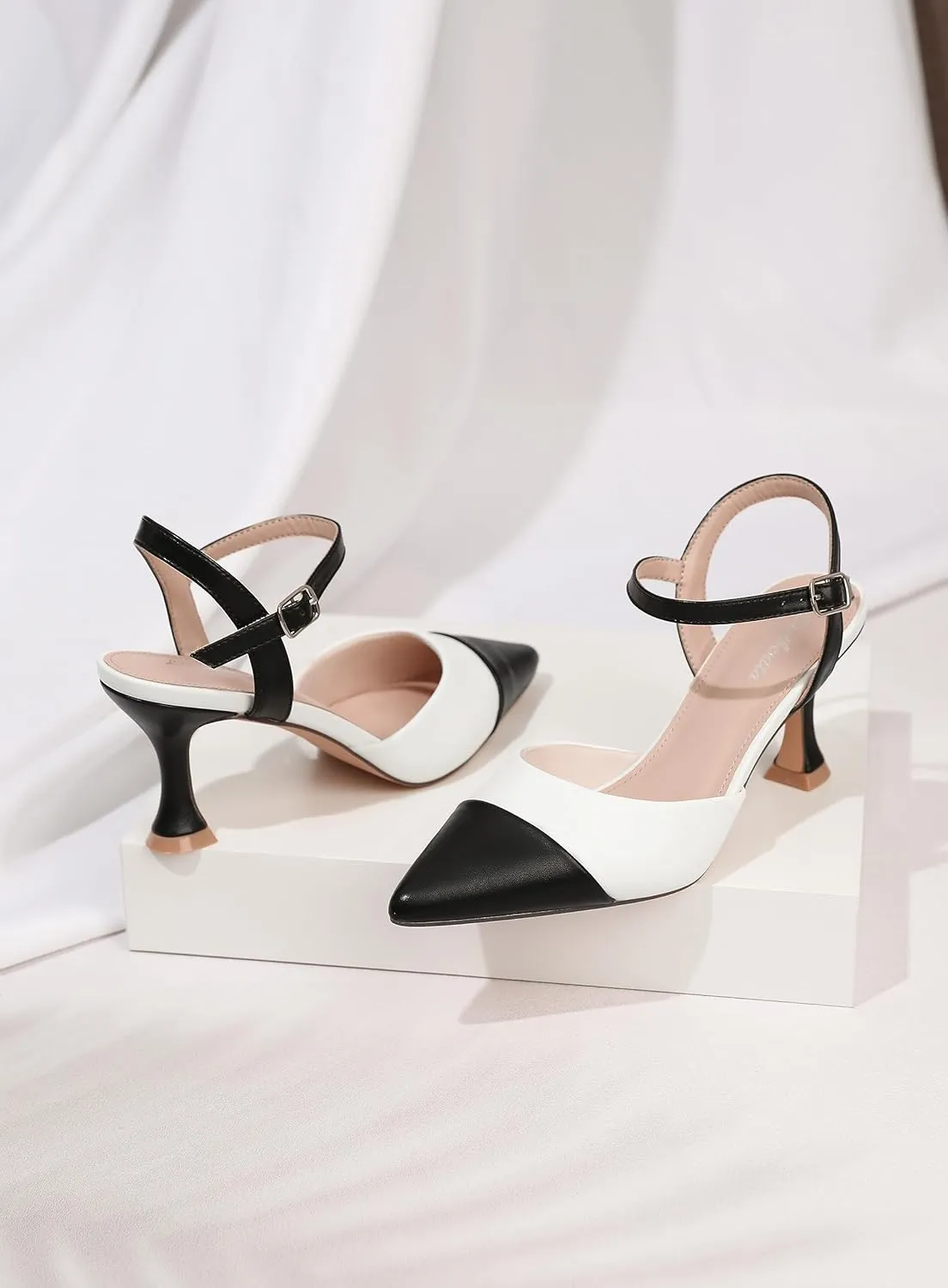 Womens Low Heels Closed Toe Dress Shoes Kitten Heel Pointed Toe Sexy Classic Comfortable Heeled Pumps Adjustable Ankle Strap