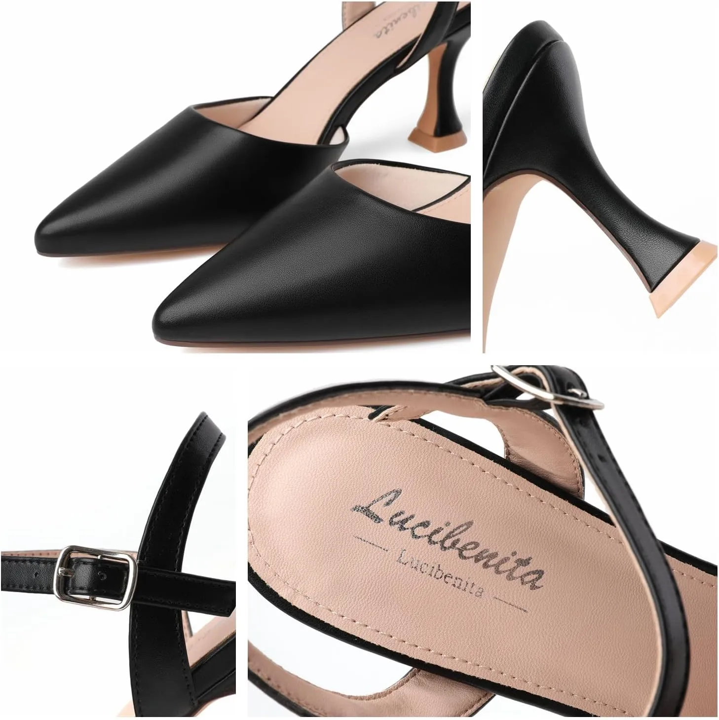 Womens Low Heels Closed Toe Dress Shoes Kitten Heel Pointed Toe Sexy Classic Comfortable Heeled Pumps Adjustable Ankle Strap