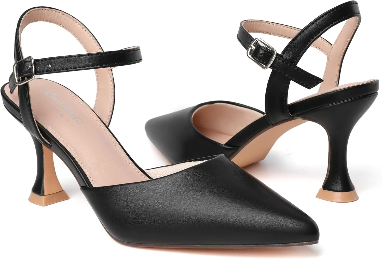 Womens Low Heels Closed Toe Dress Shoes Kitten Heel Pointed Toe Sexy Classic Comfortable Heeled Pumps Adjustable Ankle Strap