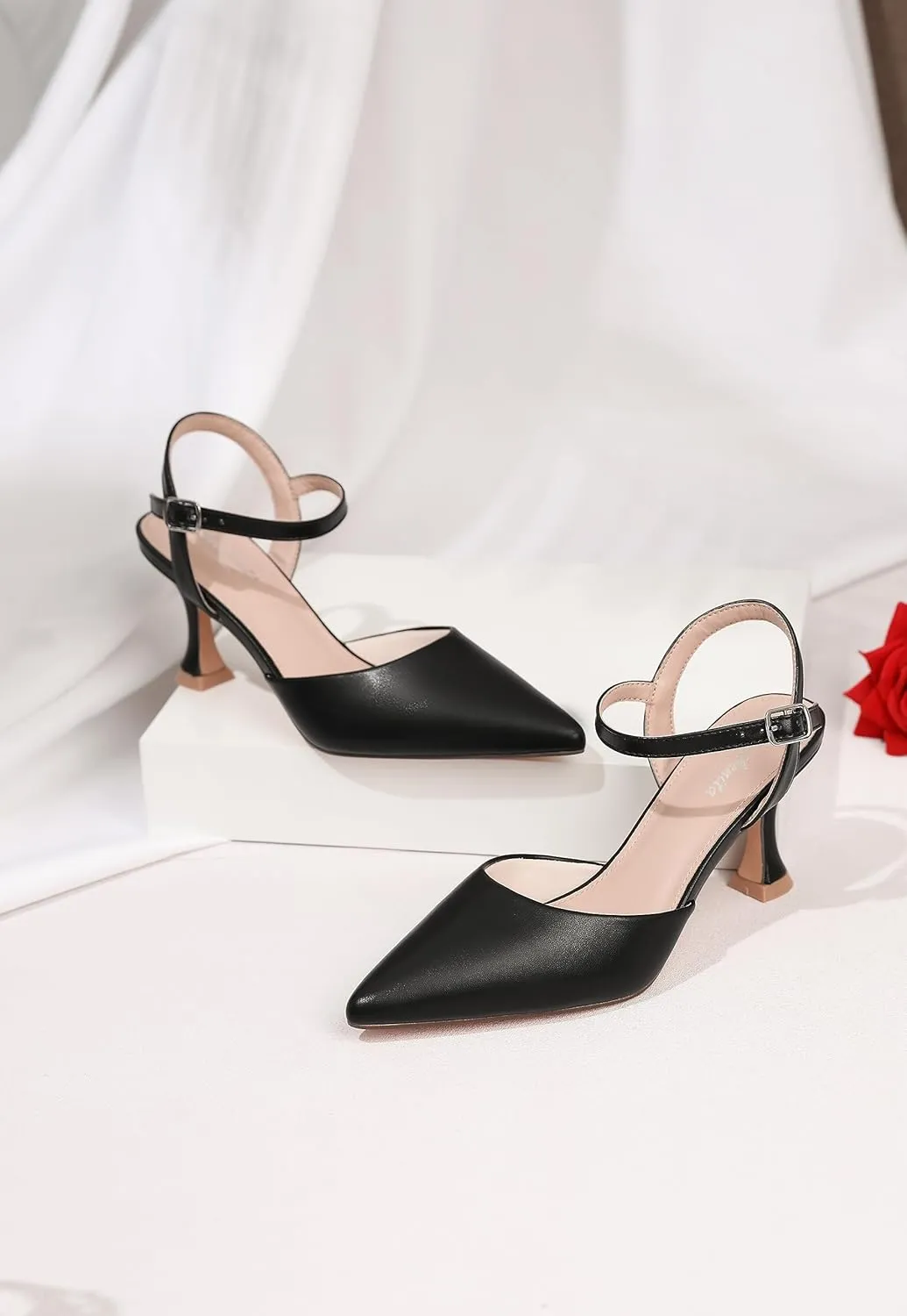 Womens Low Heels Closed Toe Dress Shoes Kitten Heel Pointed Toe Sexy Classic Comfortable Heeled Pumps Adjustable Ankle Strap