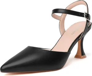 Womens Low Heels Closed Toe Dress Shoes Kitten Heel Pointed Toe Sexy Classic Comfortable Heeled Pumps Adjustable Ankle Strap