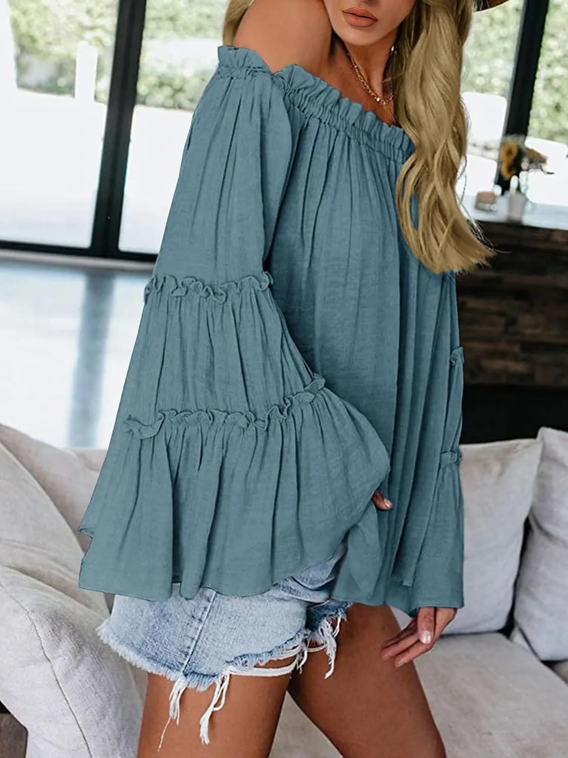 Womens Off The Shoulder Long Bell Sleeve Tops Flared Casual Loose Blouse