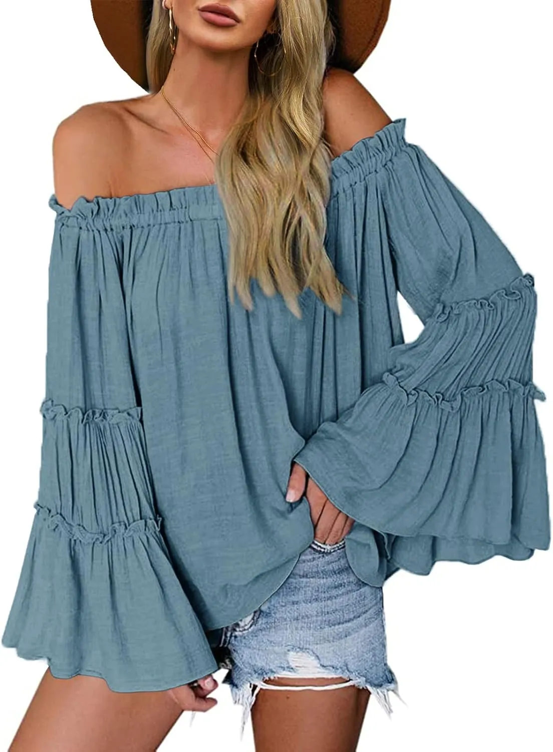Womens Off The Shoulder Long Bell Sleeve Tops Flared Casual Loose Blouse
