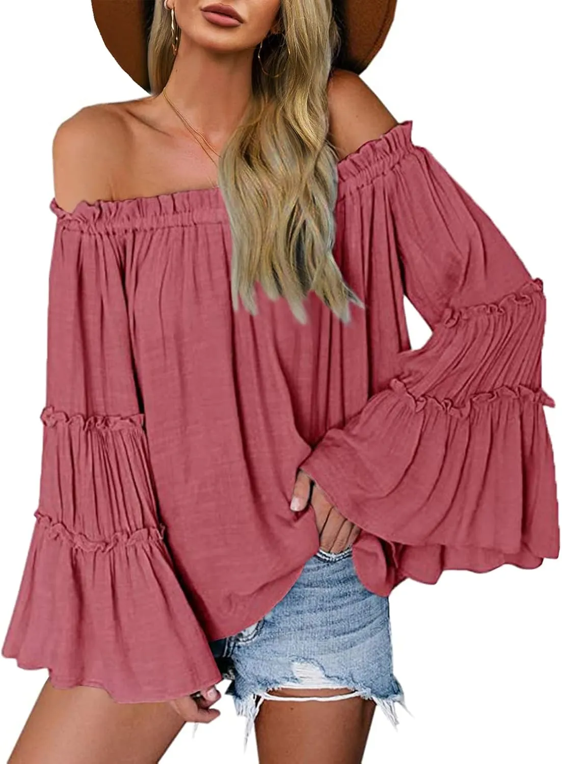 Womens Off The Shoulder Long Bell Sleeve Tops Flared Casual Loose Blouse