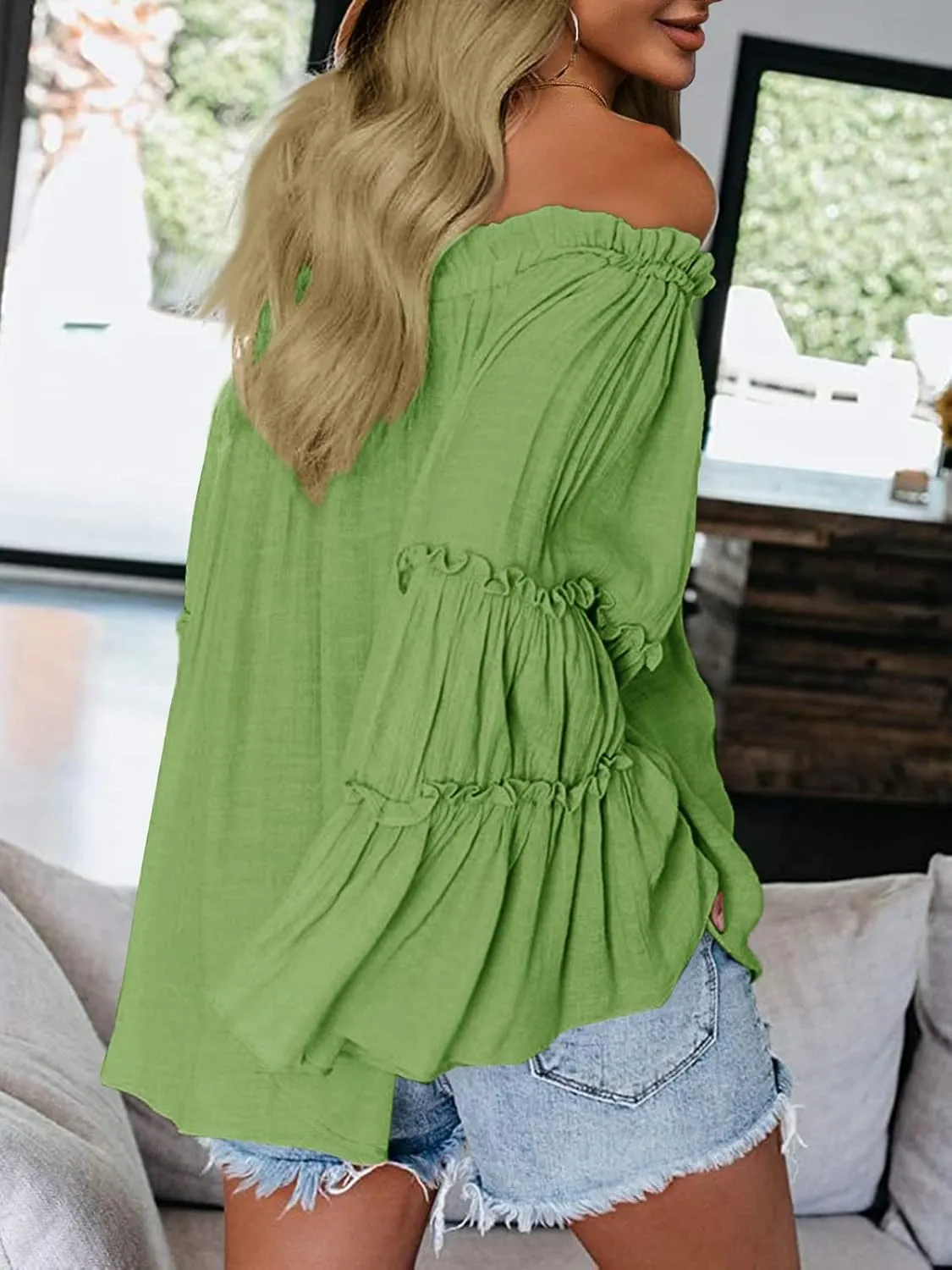 Womens Off The Shoulder Long Bell Sleeve Tops Flared Casual Loose Blouse