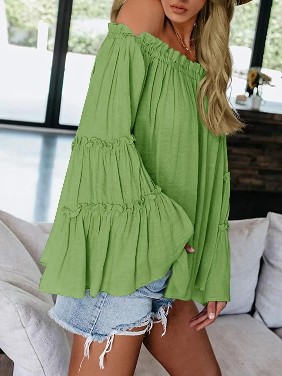 Womens Off The Shoulder Long Bell Sleeve Tops Flared Casual Loose Blouse