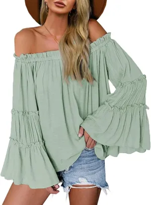Womens Off The Shoulder Long Bell Sleeve Tops Flared Casual Loose Blouse