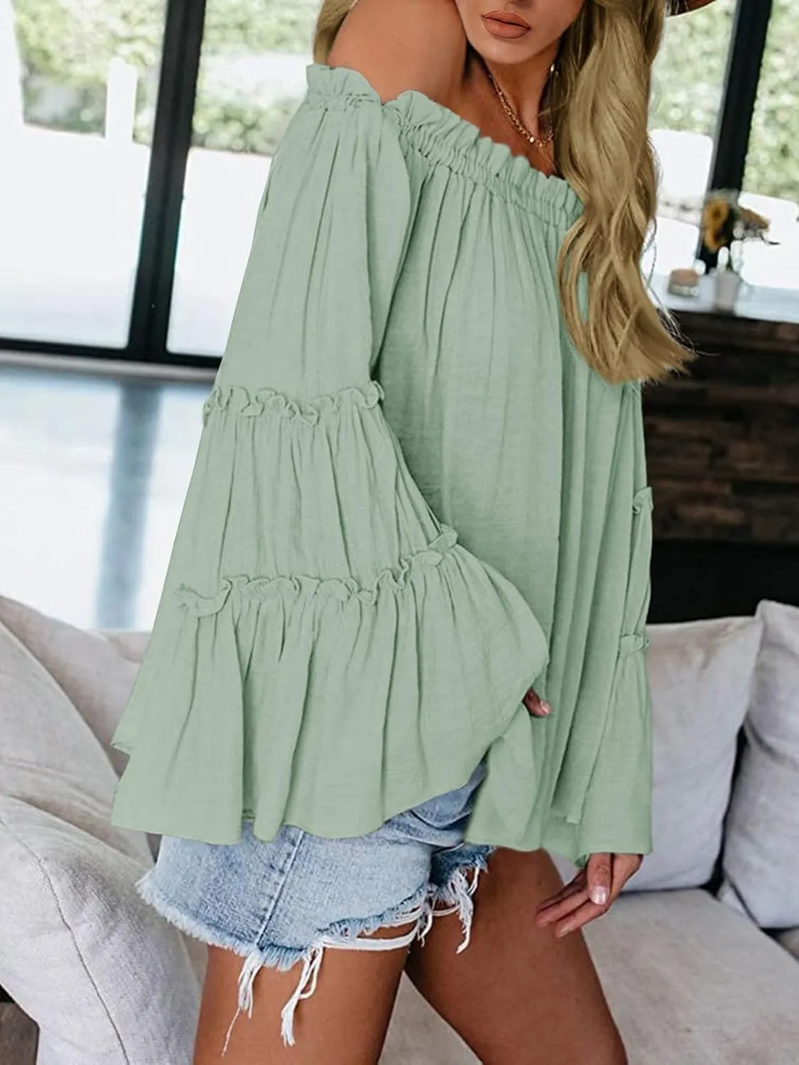 Womens Off The Shoulder Long Bell Sleeve Tops Flared Casual Loose Blouse