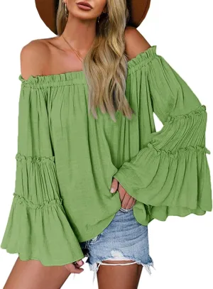 Womens Off The Shoulder Long Bell Sleeve Tops Flared Casual Loose Blouse