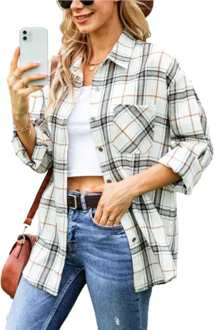Womens Oversized Flannel Plaid Shirts Casual Button Down Blouse Tops with Pockets