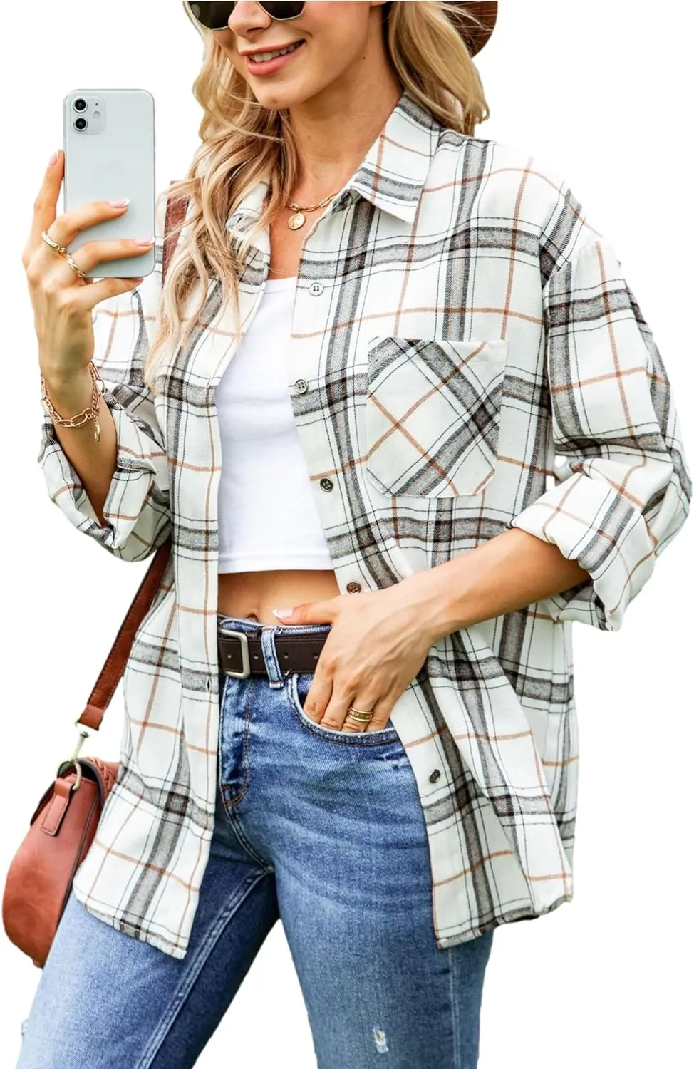 Womens Oversized Flannel Plaid Shirts Casual Button Down Blouse Tops with Pockets