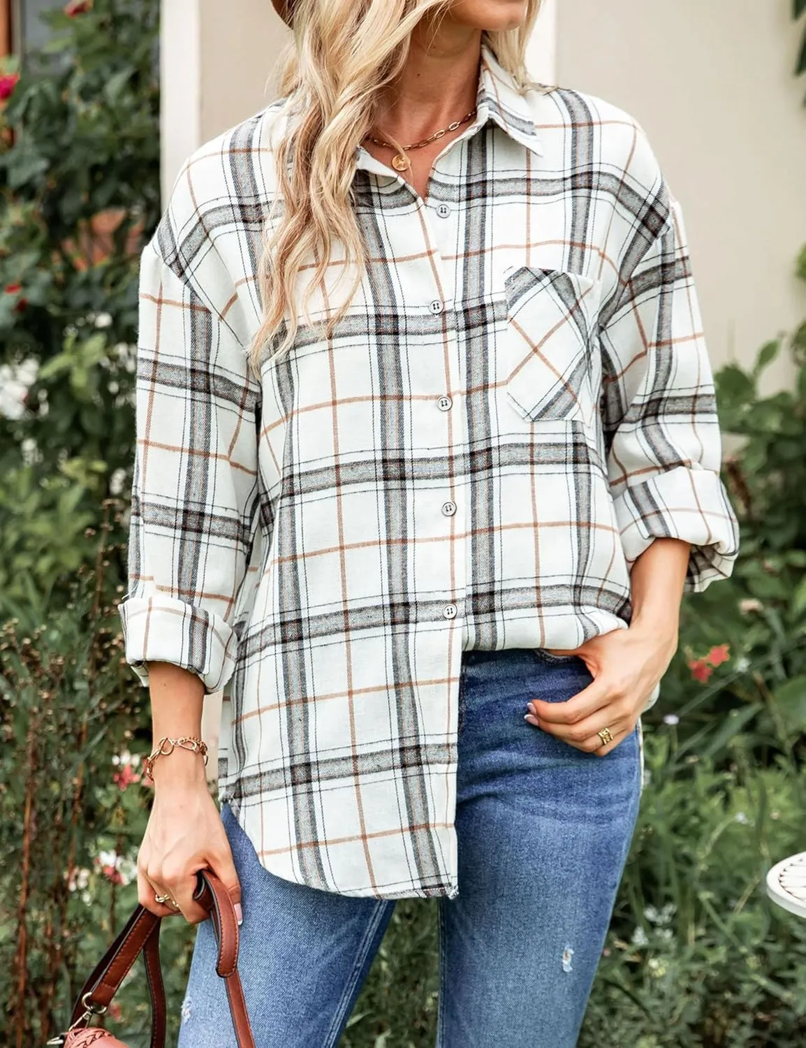 Womens Oversized Flannel Plaid Shirts Casual Button Down Blouse Tops with Pockets