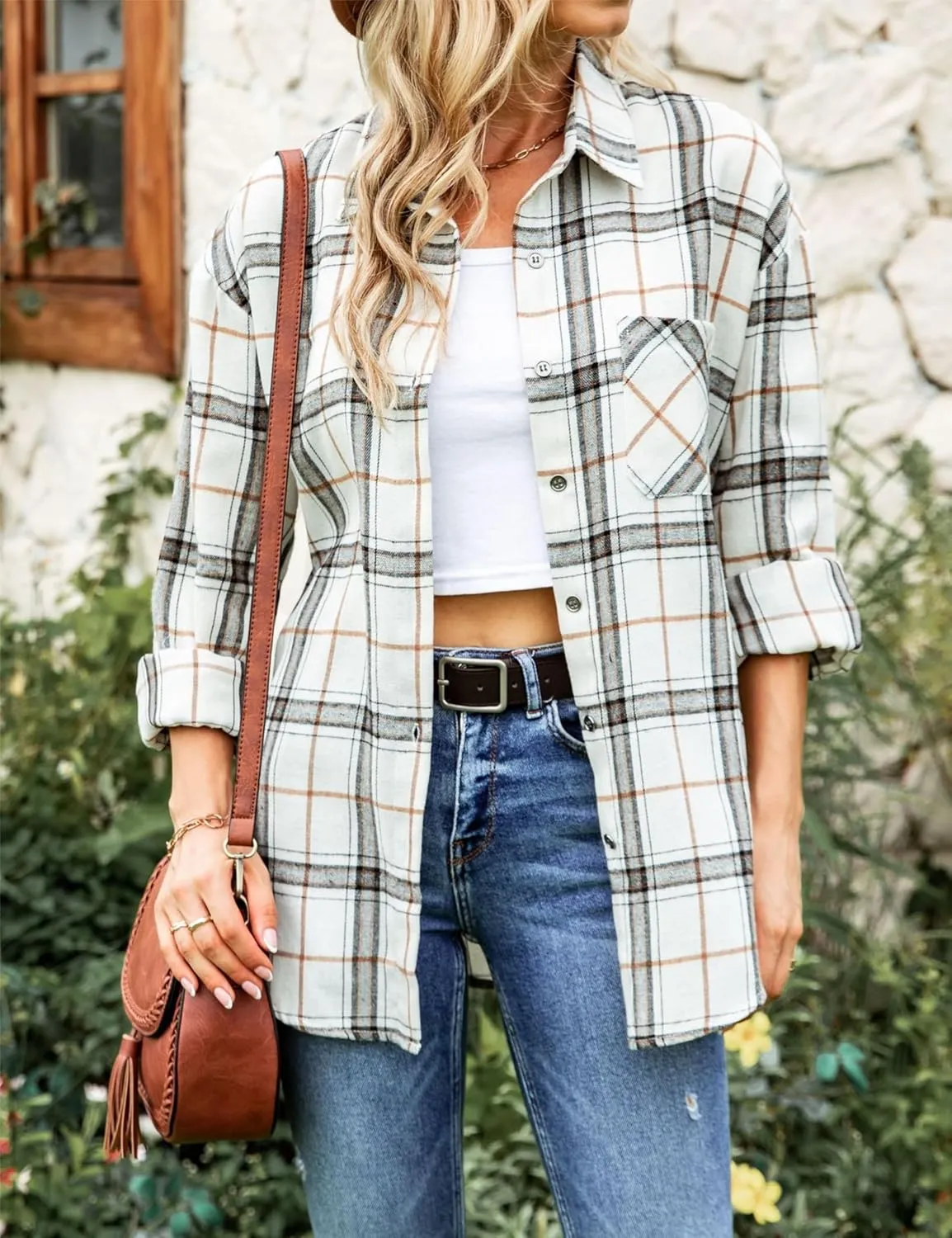 Womens Oversized Flannel Plaid Shirts Casual Button Down Blouse Tops with Pockets