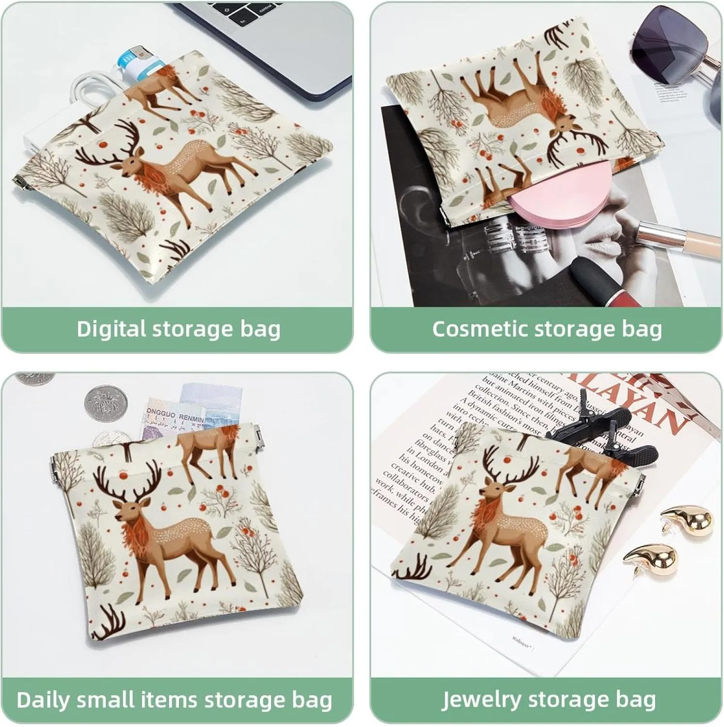 Women’s Pocket Cosmetic Bags, Waterproof Leather Makeup Bag No Zipper Self-Closing Makeup Pouch for Girls, Mini Bag for Purse - Cute Christmas Elk-1846