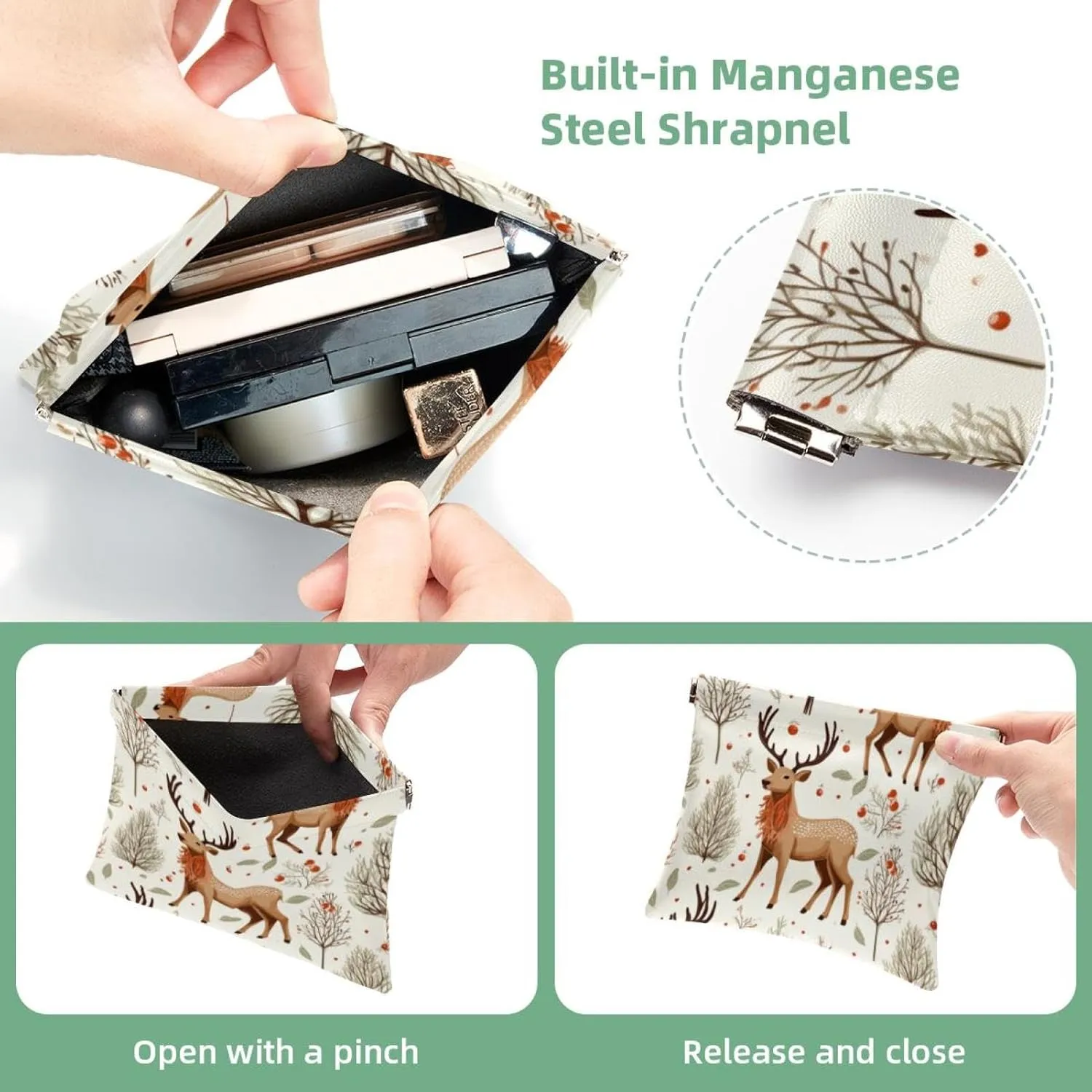 Women’s Pocket Cosmetic Bags, Waterproof Leather Makeup Bag No Zipper Self-Closing Makeup Pouch for Girls, Mini Bag for Purse - Cute Christmas Elk-1846