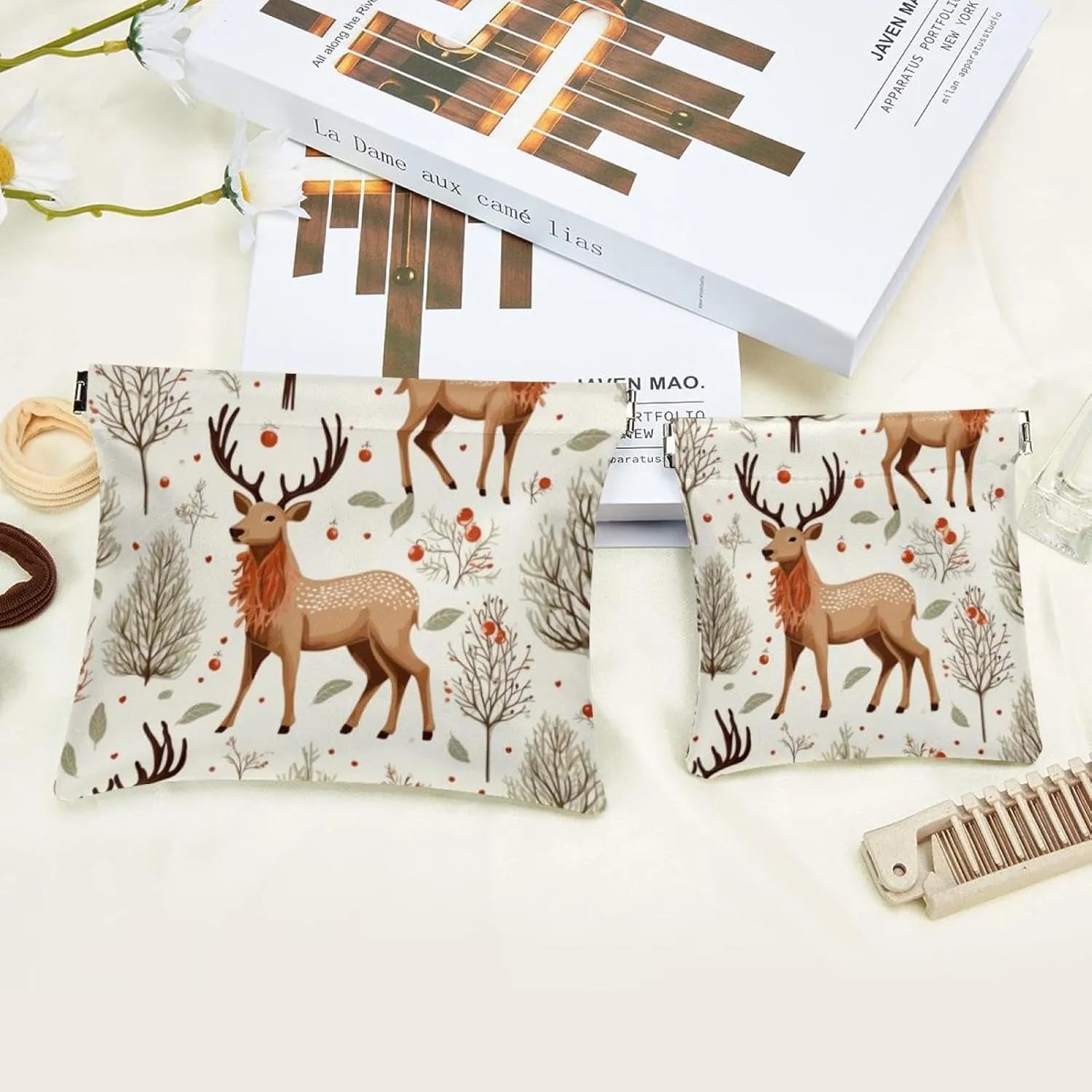 Women’s Pocket Cosmetic Bags, Waterproof Leather Makeup Bag No Zipper Self-Closing Makeup Pouch for Girls, Mini Bag for Purse - Cute Christmas Elk-1846