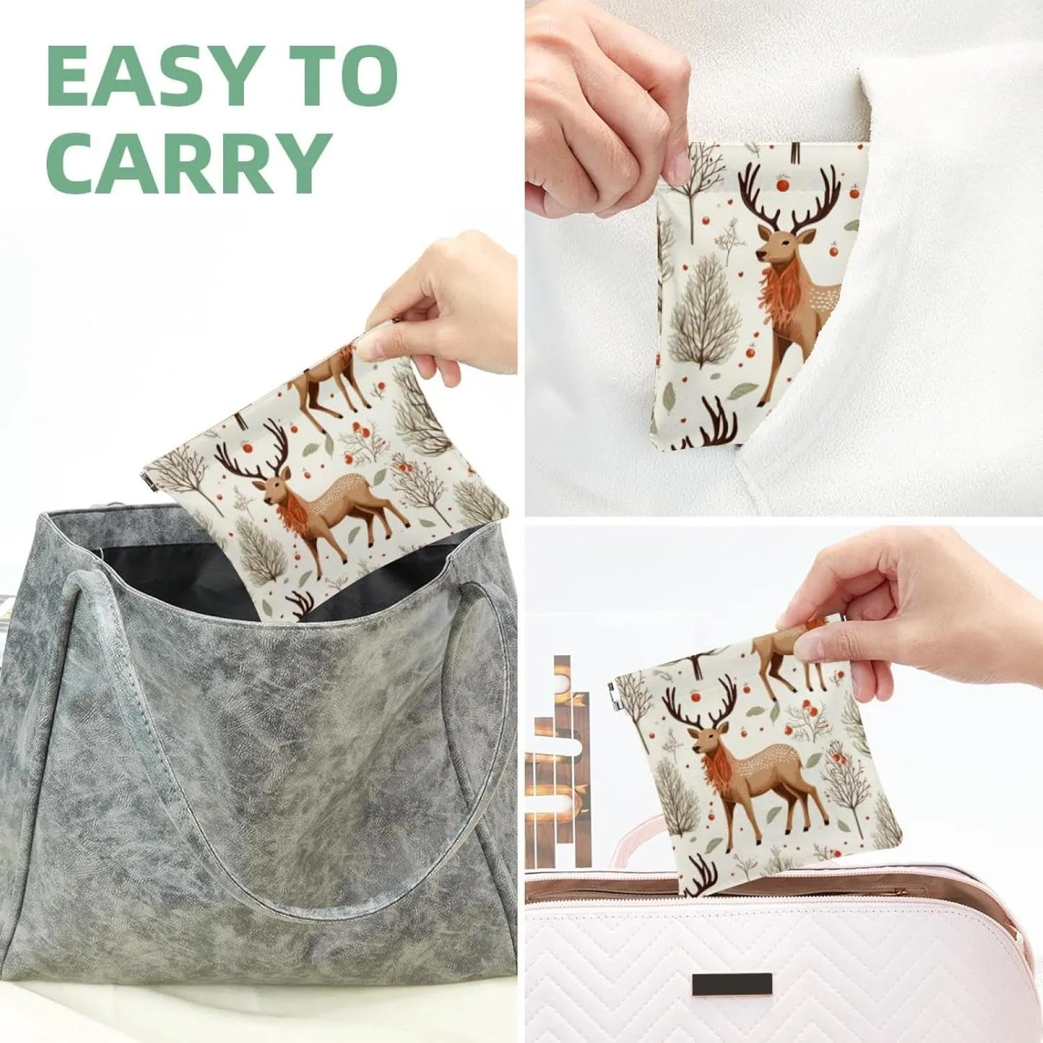 Women’s Pocket Cosmetic Bags, Waterproof Leather Makeup Bag No Zipper Self-Closing Makeup Pouch for Girls, Mini Bag for Purse - Cute Christmas Elk-1846