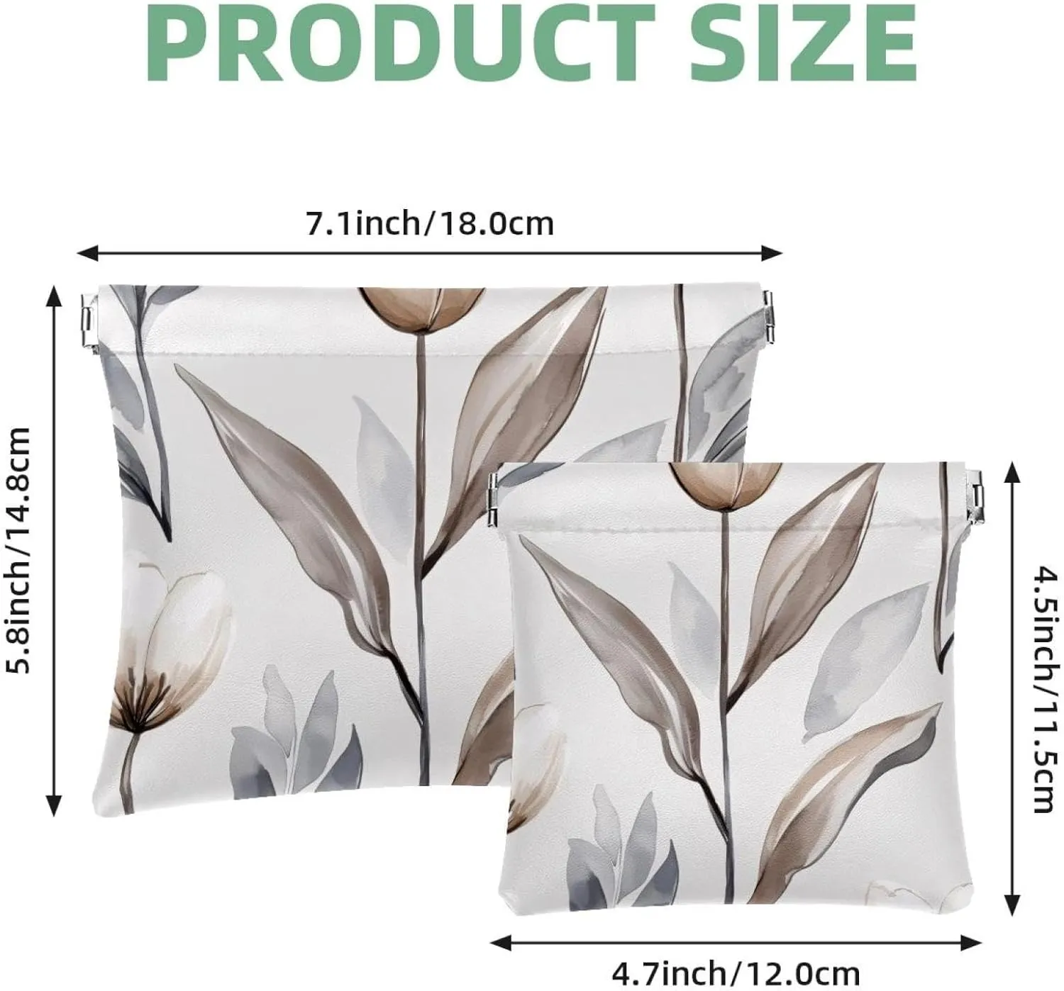 Women’s Pocket Cosmetic Bags, Waterproof Leather Makeup Bag No Zipper Self-Closing Makeup Pouch for Girls, Mini Bag for Purse - Grey White Tulip Flower Elegant Leaf