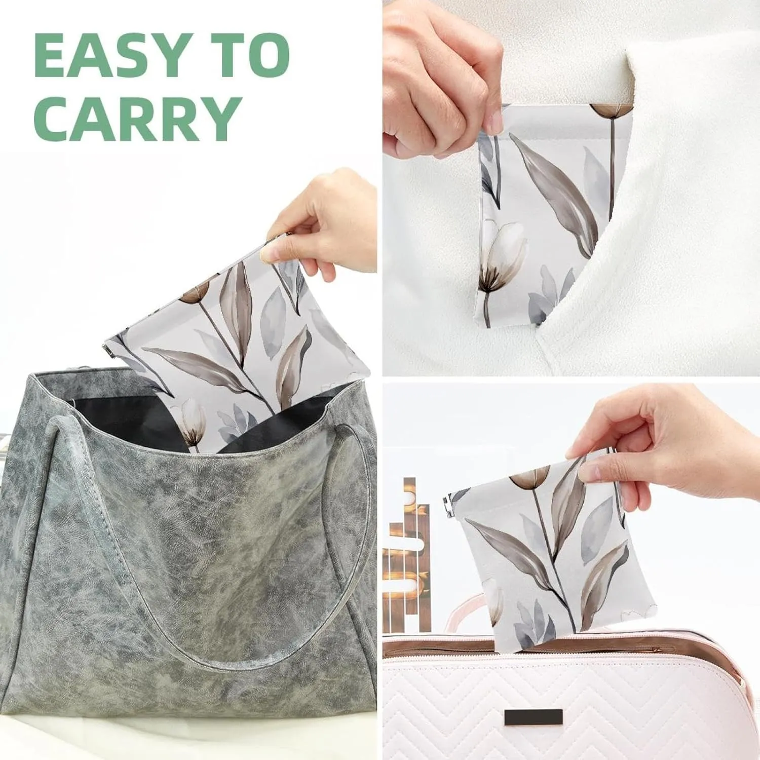 Women’s Pocket Cosmetic Bags, Waterproof Leather Makeup Bag No Zipper Self-Closing Makeup Pouch for Girls, Mini Bag for Purse - Grey White Tulip Flower Elegant Leaf