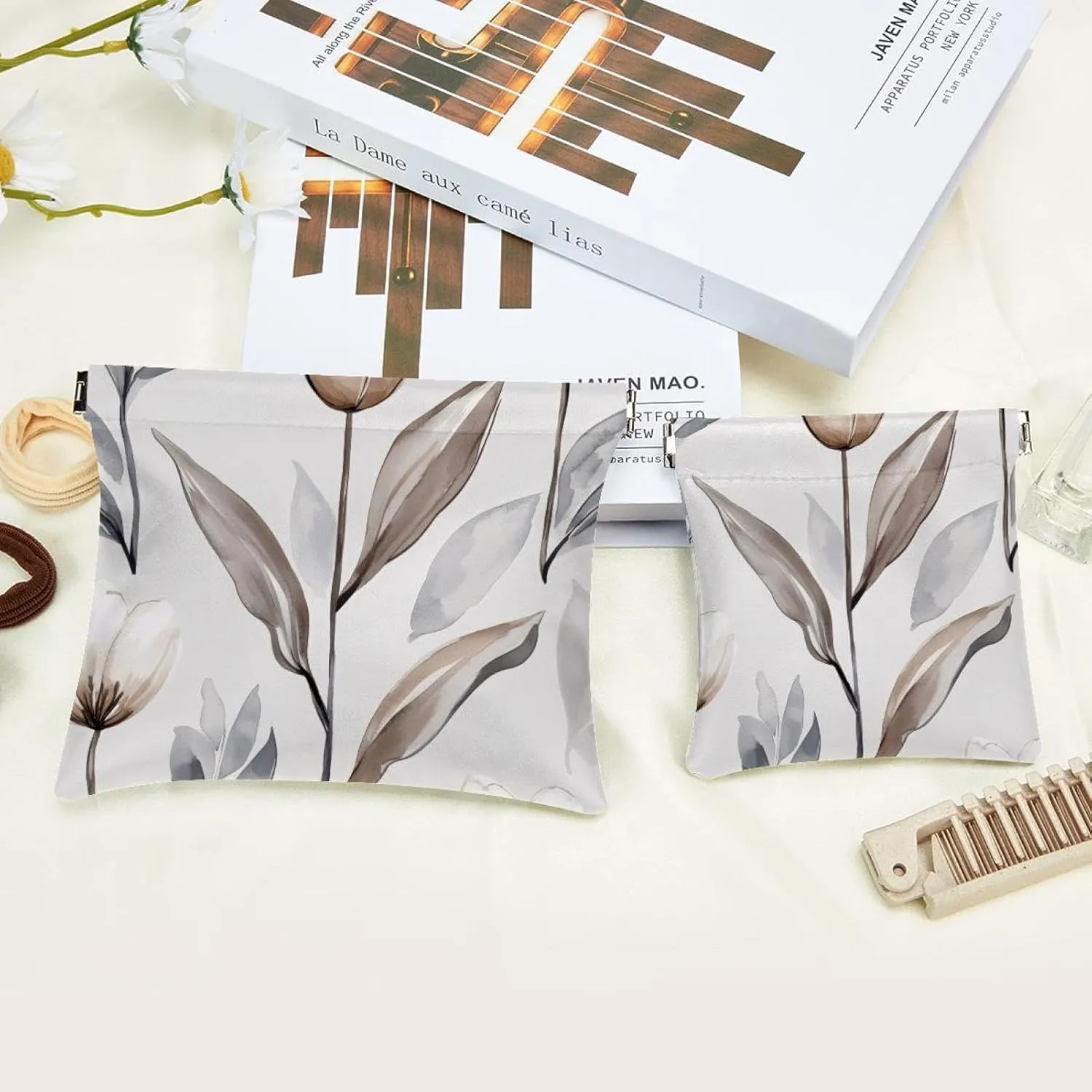 Women’s Pocket Cosmetic Bags, Waterproof Leather Makeup Bag No Zipper Self-Closing Makeup Pouch for Girls, Mini Bag for Purse - Grey White Tulip Flower Elegant Leaf