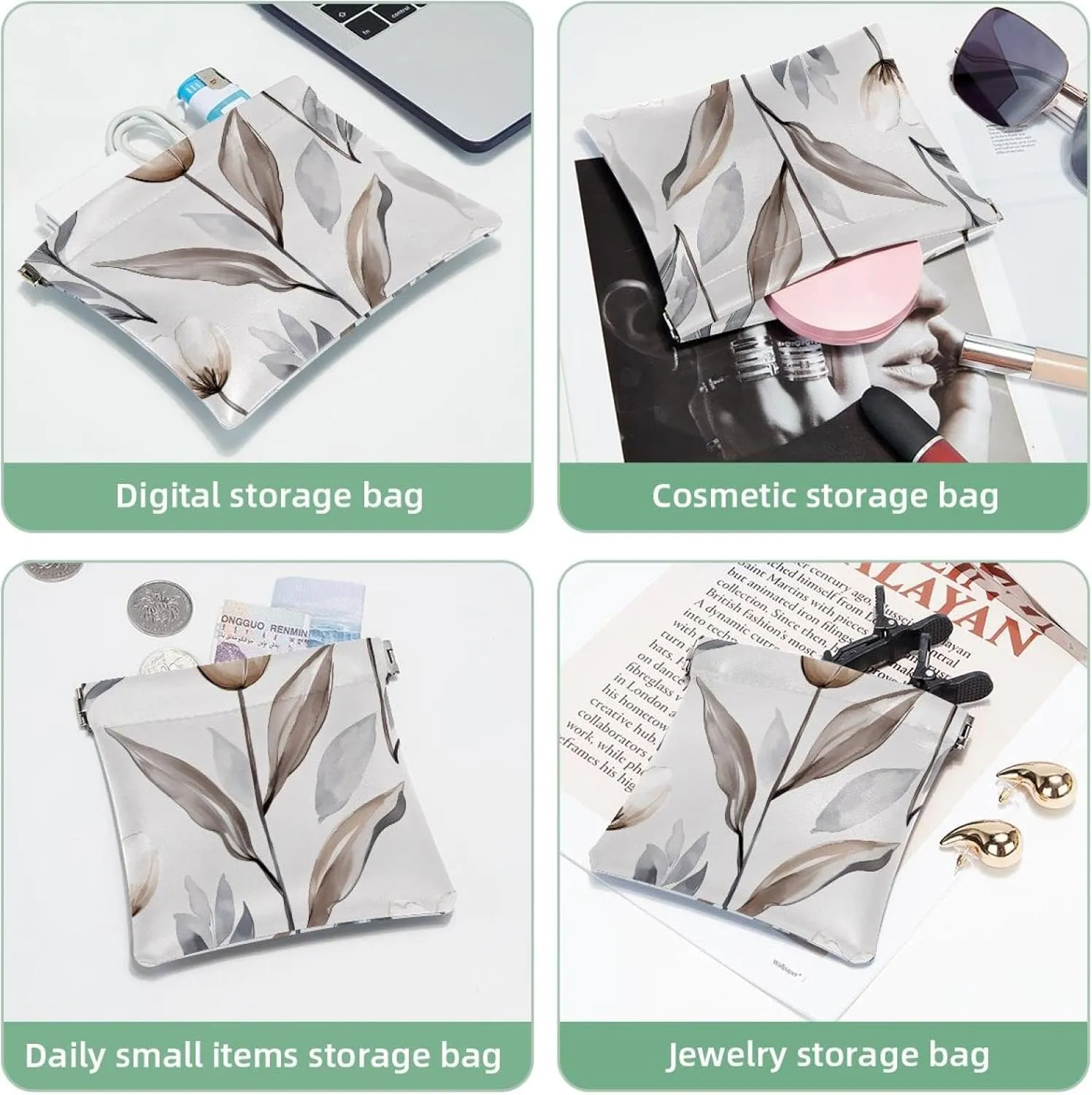 Women’s Pocket Cosmetic Bags, Waterproof Leather Makeup Bag No Zipper Self-Closing Makeup Pouch for Girls, Mini Bag for Purse - Grey White Tulip Flower Elegant Leaf