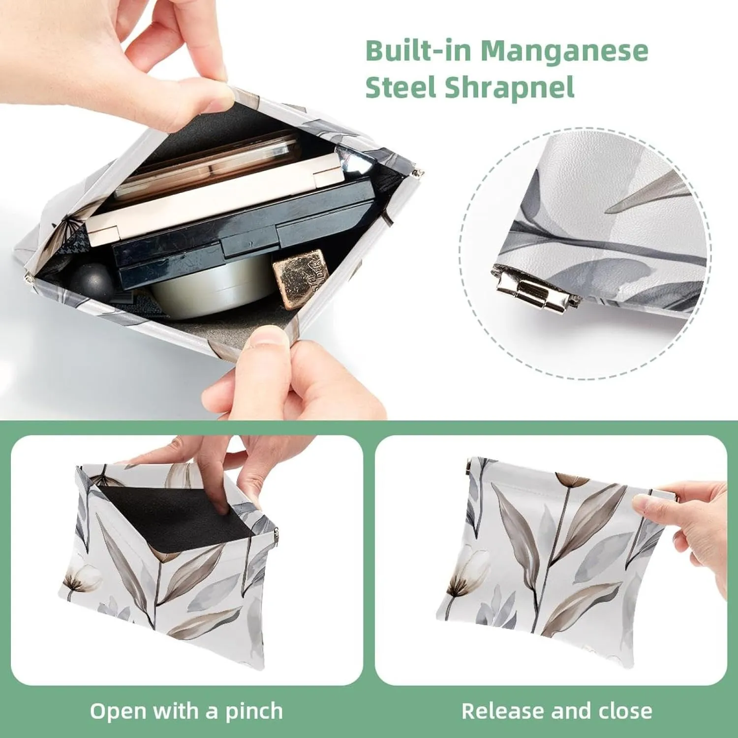 Women’s Pocket Cosmetic Bags, Waterproof Leather Makeup Bag No Zipper Self-Closing Makeup Pouch for Girls, Mini Bag for Purse - Grey White Tulip Flower Elegant Leaf