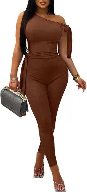 Women's Sexy One Off Shoulder Jumpsuits Sleeveless Bodycon Rompers One Piece Outfits