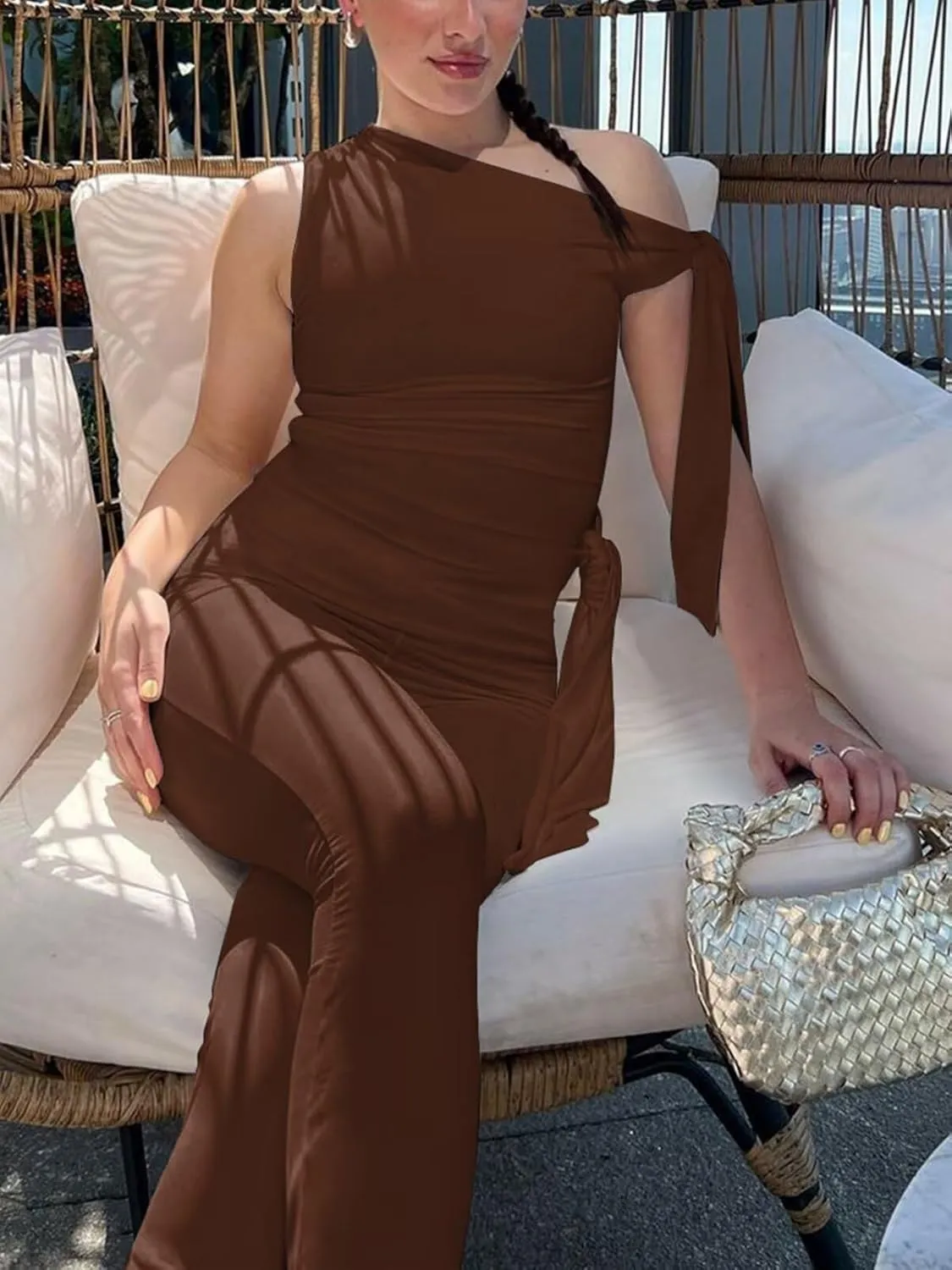 Women's Sexy One Off Shoulder Jumpsuits Sleeveless Bodycon Rompers One Piece Outfits